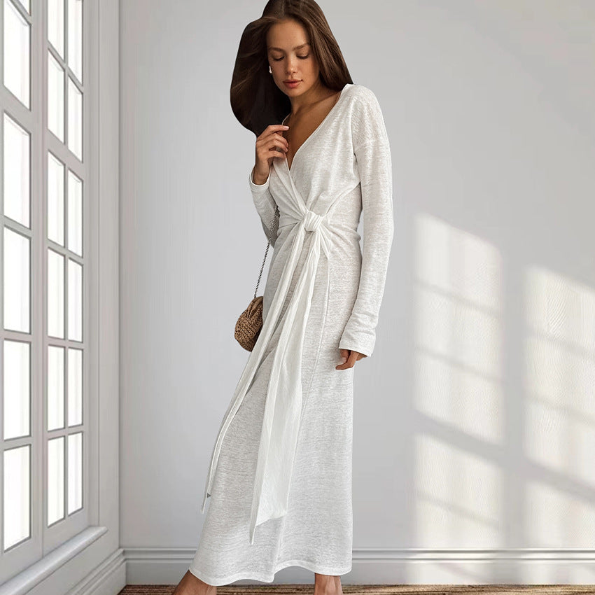 Autumn Comfort Loose Knitted Nightgown Breathable Long Sleeves Lace up Soft Outerwear Homewear