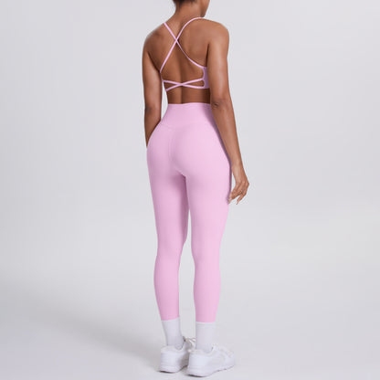 Nude Feel No Embarrassment Line Sports Trousers Sexy Shoulder Strap Beauty Back Running Fitness Pants Yoga Clothes Set