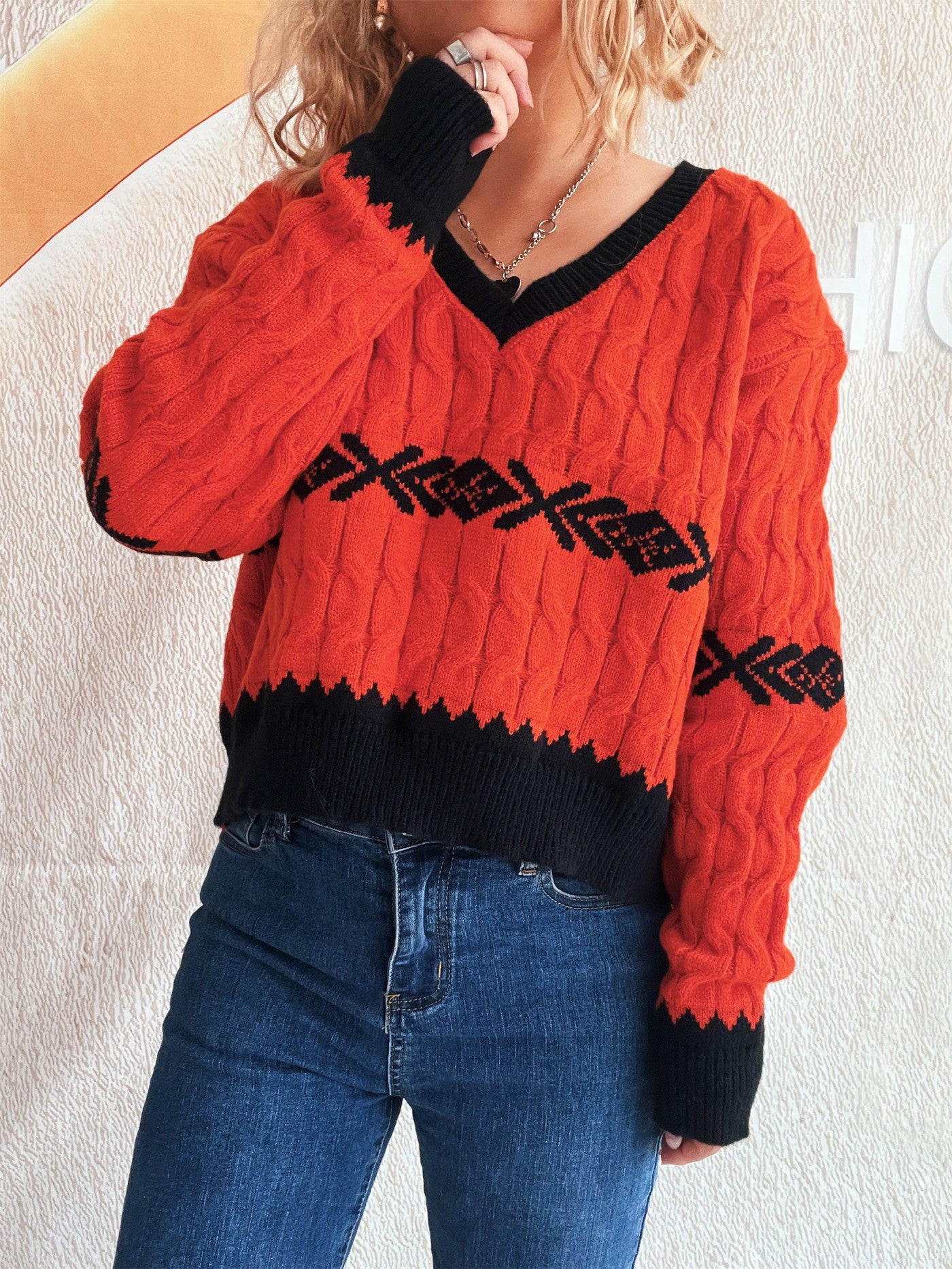 Jacquard Short Knit Top V neck Street Casual Sweater