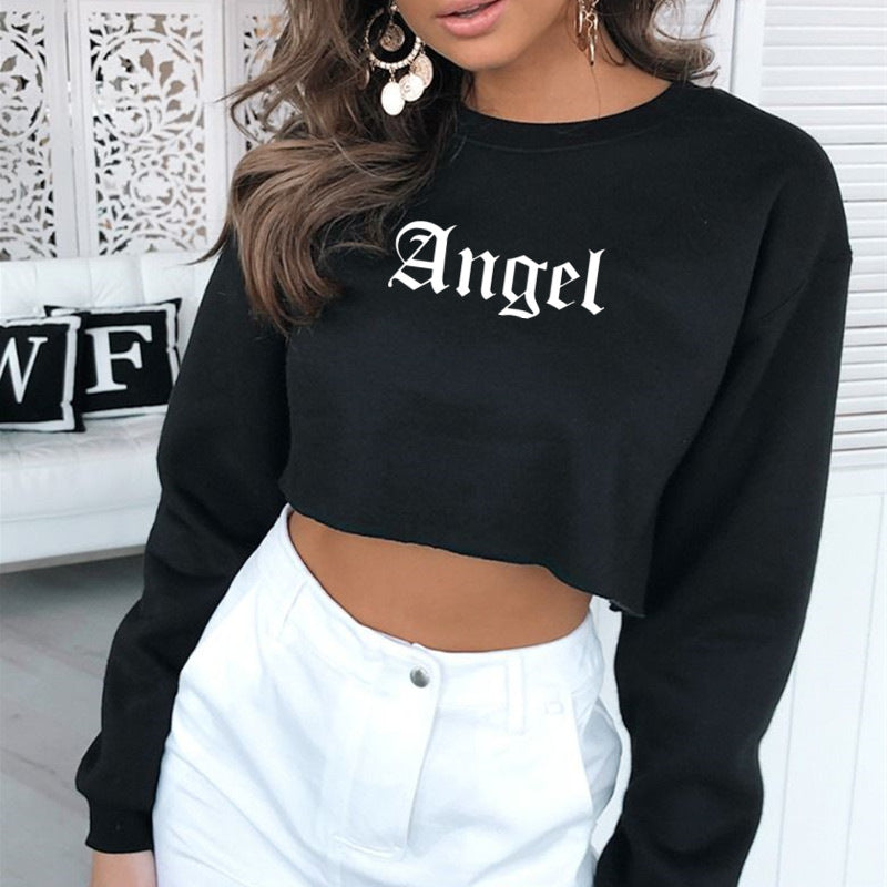 Women Clothing Autumn Winter Angel Letter Graphic Printed Short Long Sleeved Sweatshirt for Women