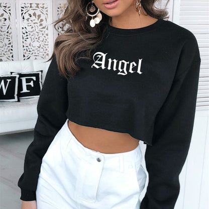 Women Clothing Autumn Winter Angel Letter Graphic Printed Short Long Sleeved Sweatshirt for Women