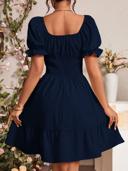 Elegant Gentle Square Collar Backless Solid Color Design Mid Length Dress