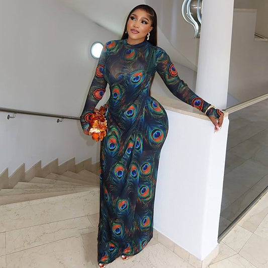 Graceful Personality Women Clothing Printed Sexy Hip Slightly Transparent Turtleneck Long Sleeve Slim Fit Dress