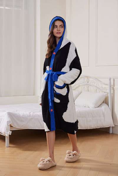 Autumn Winter Half Velvet Hooded Tracksuit Casual Pajamas Thick Mid Length Nightgown