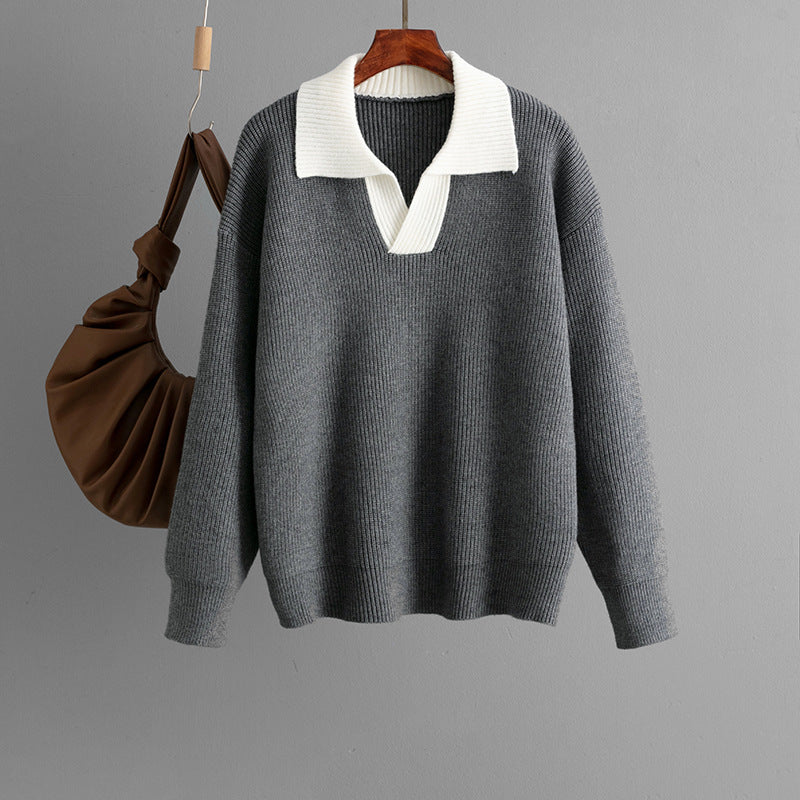 Autumn Winter Knitted Top Women Color Matching Polo Collar Loose Pullover Sweater Outerwear Sweater