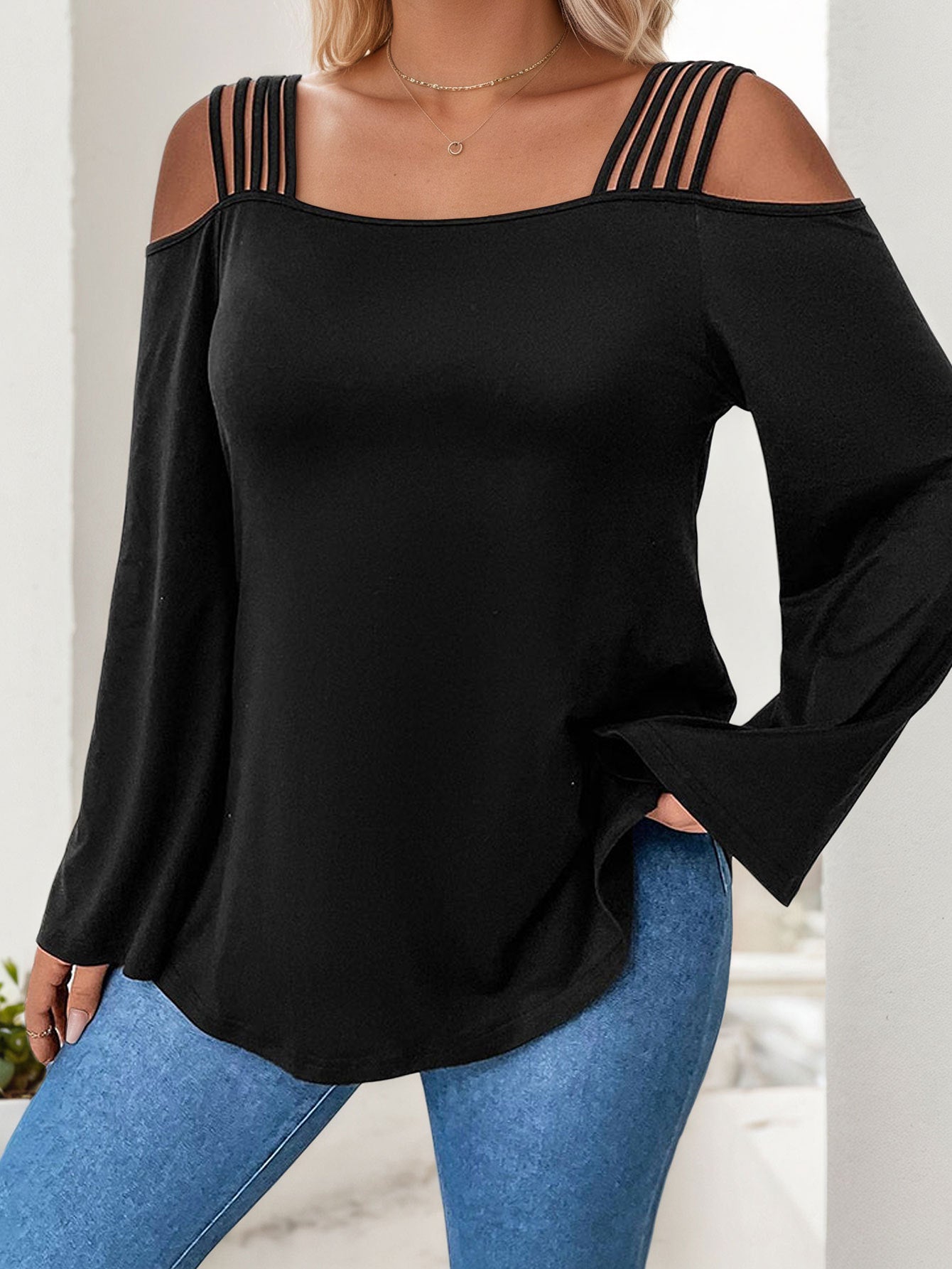 Plus Size Women Simple Elegant T shirt Autumn Winter off the Shoulder Elegant Long Sleeve Top