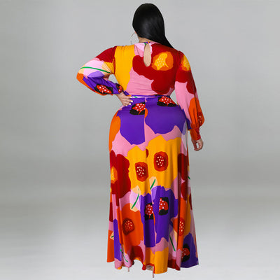 Plus Size Women Clothing Long Sleeve Dress Large Floral Printing Dress Long