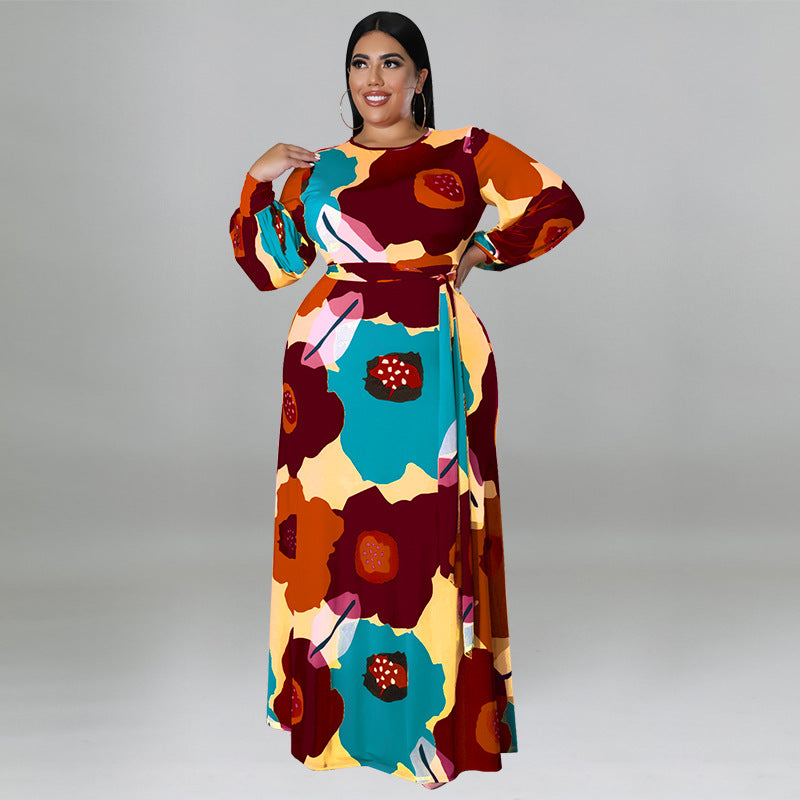 Plus Size Women Clothing Long Sleeve Dress Large Floral Printing Dress Long