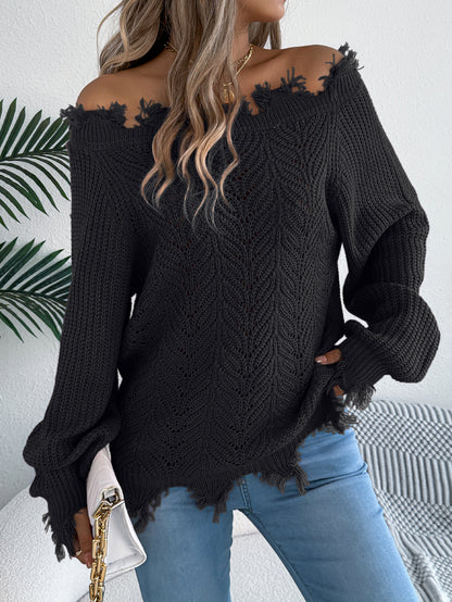 Autumn Winter Solid Color Hollow Out Cutout out Long Sleeve Cut off Shoulder Pullover Sweater Women Clothing