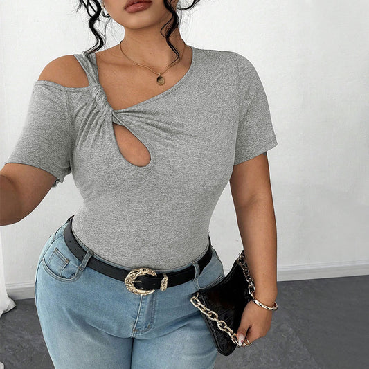 Plus Size Women Summer Simple T shirt Twist Design Irregular Asymmetric Short Top