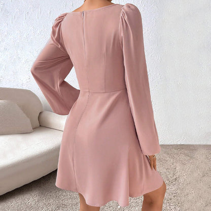 Autumn Winter Women Clothing Waist Controlled Large Hem A line Dress Puff Sleeve Square Collar Sweet Dress