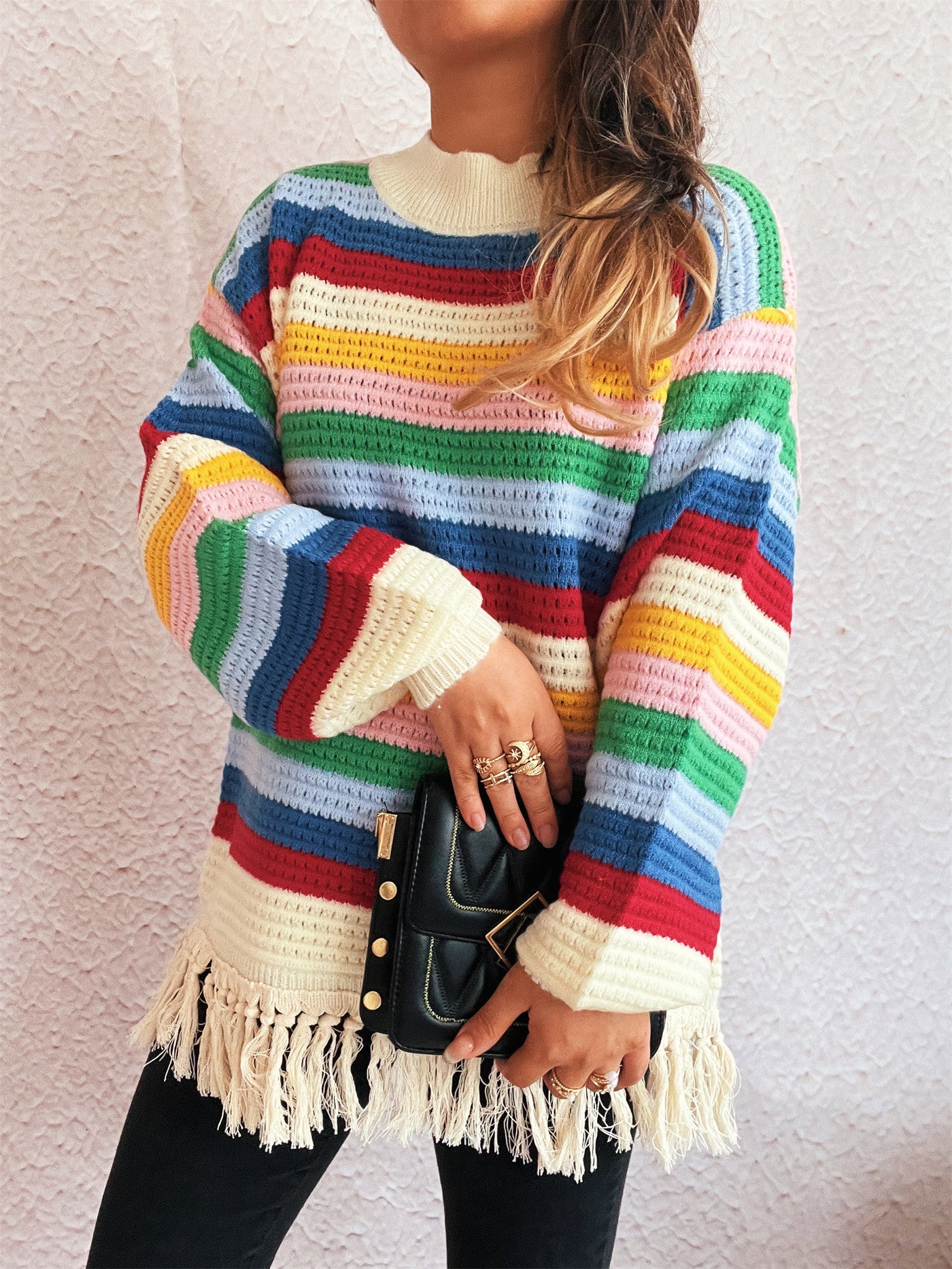 Round Neck Color Striped Knitwear Autumn Winter Retro Tassel Women Sweater