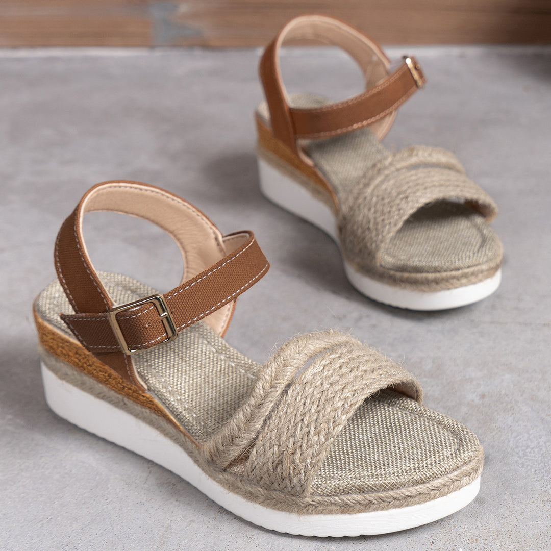 Straw Woven Hemp Rope Wedge Lightweight Sandals Women Platform Beach Sandals with Buckle - GLAMWEARS