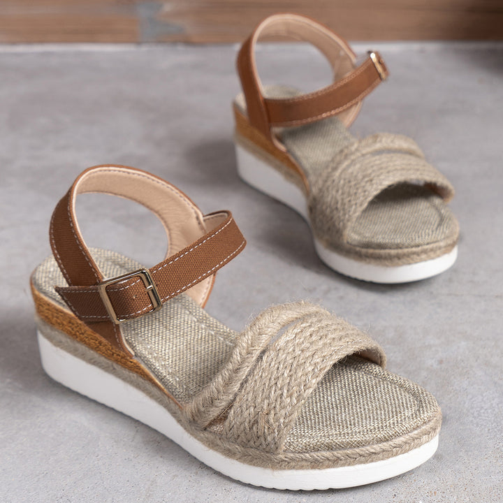 Straw Woven Hemp Rope Wedge Lightweight Sandals Women Platform Beach Sandals with Buckle - GLAMWEARS