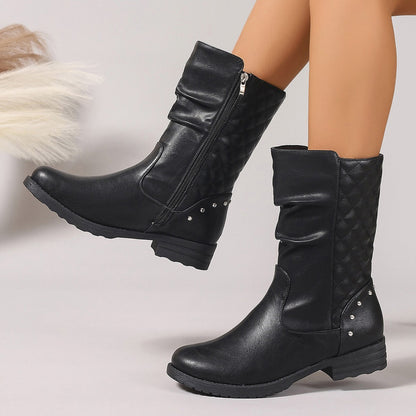 Western Denim Mid-Calf Boots for Women Chain Rivet Chunky Heel Knight Boots