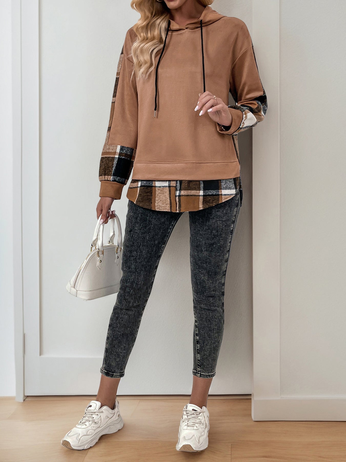 Casual Retro Long Sleeve Plaid Stitching British Velvet Faux Two Piece Hooded Sweater