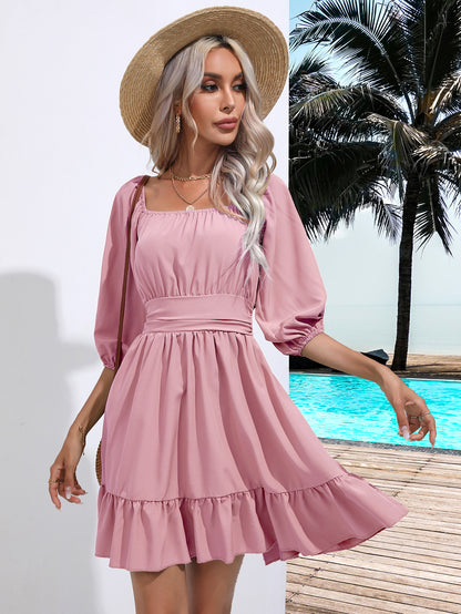 Popular Ruffled Square Collar Dress Lace Dress Women Summer Women Clothing