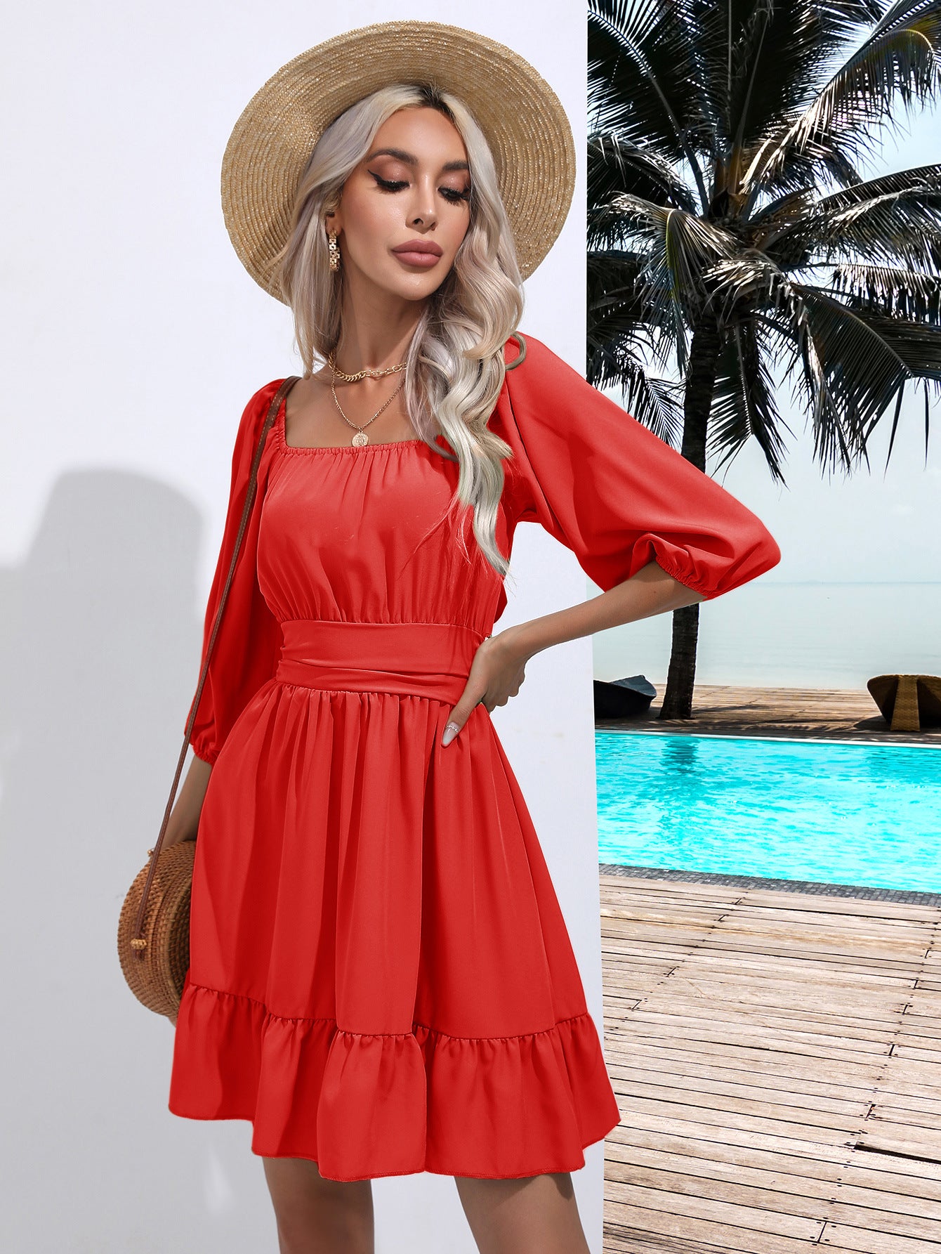 Popular Ruffled Square Collar Dress Lace Dress Women Summer Women Clothing