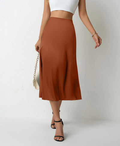 Women Clothing Popular Satin Skirt Women Summer Mid Length Split Professional A line Skirt High Waist Skirt