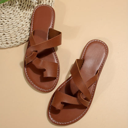 Retro Flat Bottom Toe Ring Slippers Women Wear with Cross Beach Slippers
