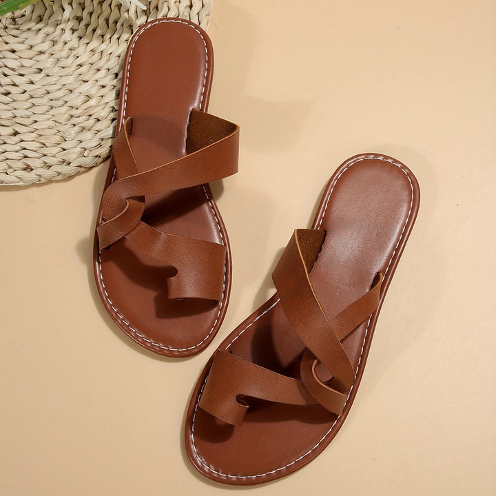 Retro Flat Bottom Toe Ring Slippers Women Wear with Cross Beach Slippers - GLAMWEARS